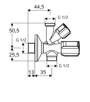 SCHELL COMFORT dvojitý rohový ventil 1/2"x1/2"x1/2", chrom 035700699 Technický nákres