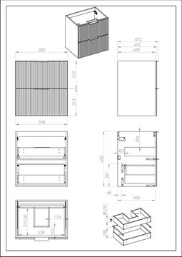 JIKA NOBU skříňka pod umyvadlo 60x45,2x63,5 cm, 2 zásuvky, přírodní dub H40P1696613301 Technický nákres