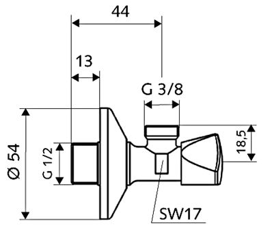 SCHELL SANLAND rohový ventil 1/2"x3/8", chrom 970350000 Technický nákres