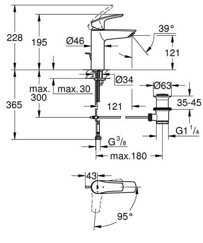 GROHE EUROSMART umyvadlová stojánková baterie, s odtokovou soupravou, Water Saving, matná černá 23393243E Technický nákres
