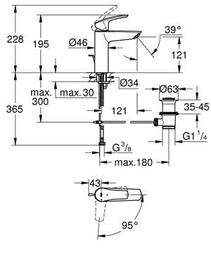 GROHE EUROSMART umyvadlová stojánková baterie, s odtokovou soupravou, Water Saving, matná černá 23393243E Technický nákres