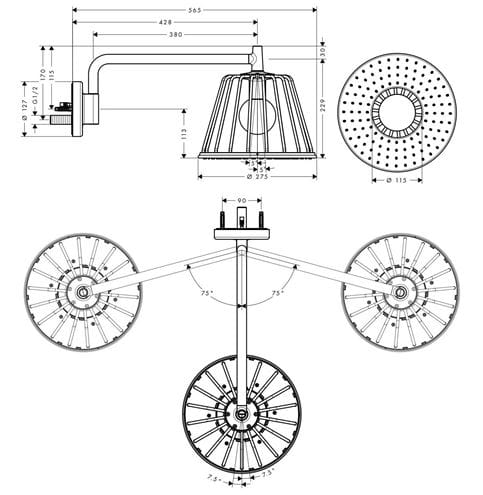 AXOR LAMPSHOWER/NENDO 1JET horní sprcha, s ramenem, s LED osvětlením, chrom 26031000 Technický nákres