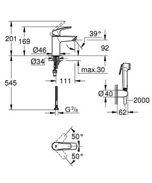 GROHE EUROSMART umyvadlová stojánková baterie, s bidetovou sprškou, Water Saving, matná černá 231242433 Technický nákres