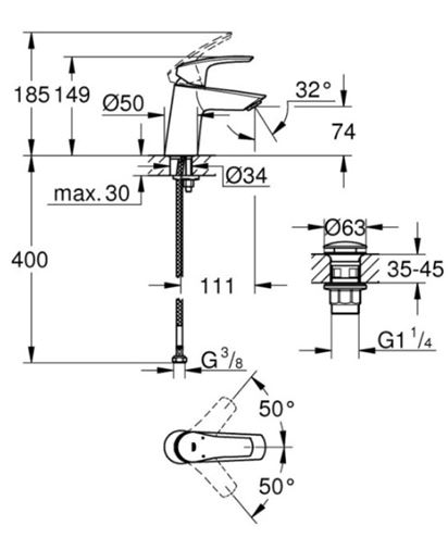 GROHE EUROSMART umyvadlová stojánková baterie, s odtokovou soupravou, Water Saving , matná černá 239682433 Technický nákres