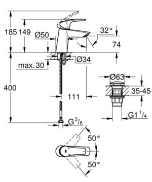 GROHE EUROSMART umyvadlová stojánková baterie, s odtokovou soupravou, Water Saving , matná černá 239682433 Technický nákres