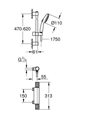 GROHE GROHTHERM 1000 PERFORMANCE sprchový set s termostatickou baterií, ruční sprcha se 2 proudy, tyč, hadice, Water Saving, chrom 34836001 Technický nákres