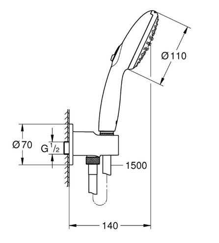 GROHE TEMPESTA 110 sprchová souprava 3-dílná, ruční sprcha pr. 110 mm, 2 proudy, hadice, držák, Water Saving, matná černá 264062433 Technický nákres