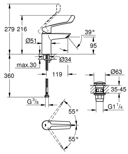 GROHE EUROSMART umyvadlová stojánková baterie, s odtokovou soupravou, Water Saving, chrom 23982003 Technický nákres