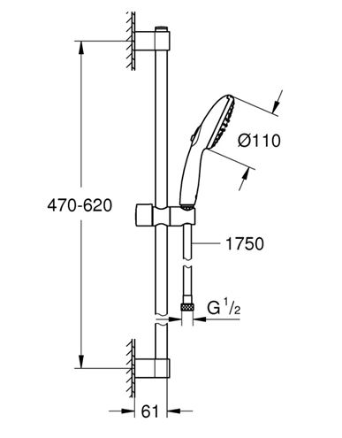 GROHE NEW TEMPESTA 110 sprchová souprava 3-dílná, ruční sprcha pr. 110 mm, 2 proudy, tyč, hadice, chrom 2759830E Technický nákres