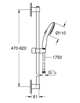 GROHE NEW TEMPESTA 110 sprchová souprava 3-dílná, ruční sprcha pr. 110 mm, 2 proudy, tyč, hadice, chrom 2759830E Technický nákres