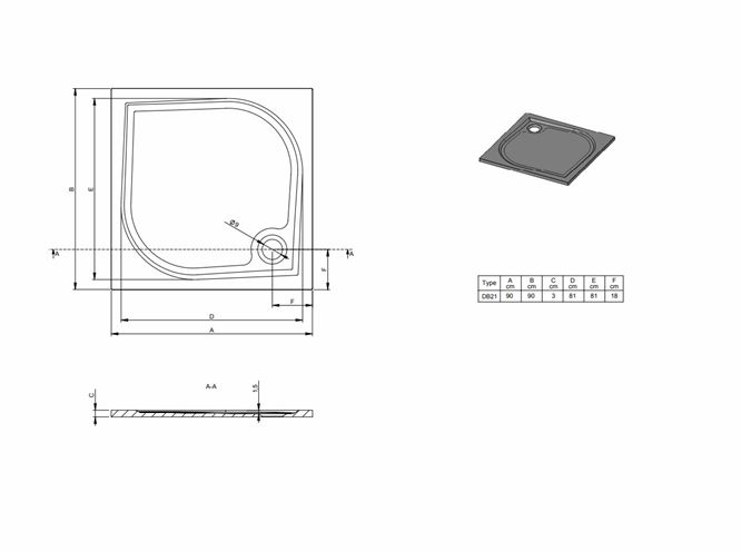 RIHO KOLPING DB21 sprchová vanička 90x90 cm, litý mramor, s nožičkami, s protiskluzem D004005005 Technický nákres