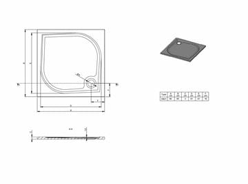 RIHO KOLPING DB21 sprchová vanička 90x90 cm, litý mramor, s nožičkami, s protiskluzem D004005005 Technický nákres