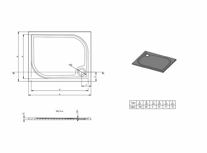 RIHO KOLPING DB31 sprchová vanička 100x80 cm, litý mramor, s nožičkami, s protiskluzem D004006005 Technický nákres