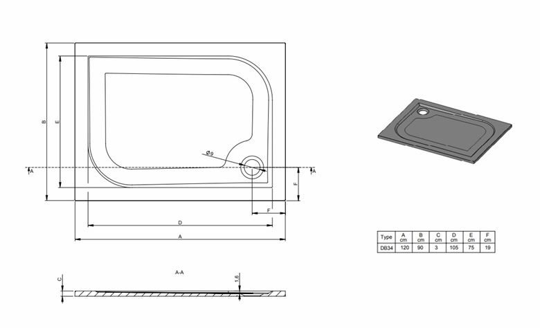 RIHO KOLPING DB34 sprchová vanička 120x90 cm, litý mramor, s nožičkami, s protiskluzem D004009005 Technický nákres