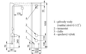 SANELA termostatický sprchový panel, napájení ze sítě, nerez SLSN 02PT Technický nákres