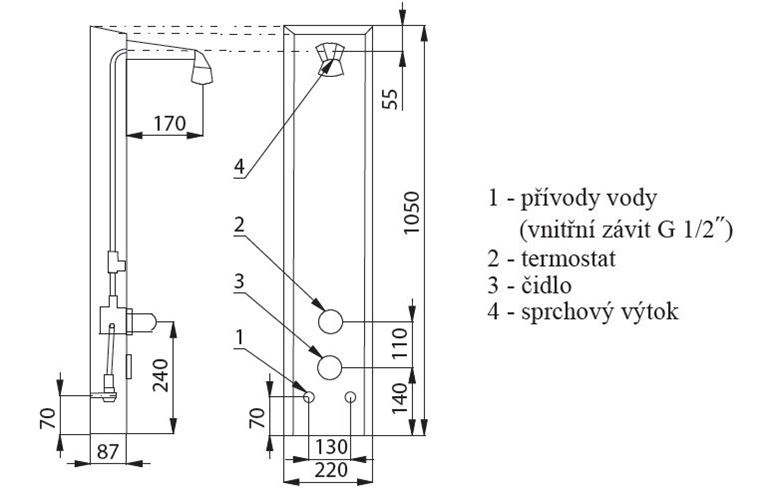 SANELA termostatický sprchový panel, napájení ze sítě, nerez SLSN 02PT Technický nákres