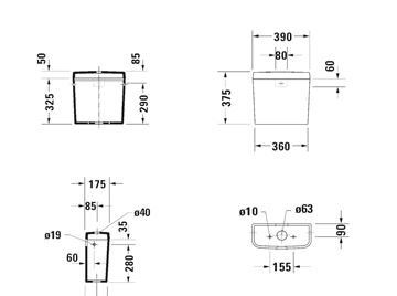 DURAVIT D-CODE WC kombi nádržka, zadní a boční přívod vody, Dual-Flush 0940000004 Technický nákres
