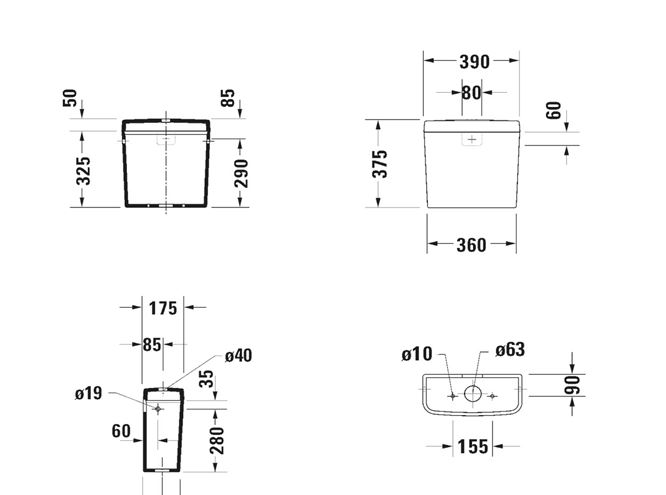 DURAVIT D-CODE WC kombi nádržka, zadní a boční přívod vody, Dual-Flush 0940000004 Technický nákres