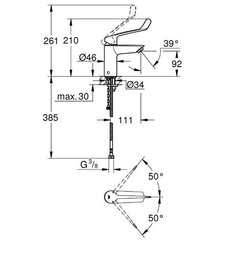 GROHE EUROSMART umyvadlová stojánková baterie, Water Saving, chrom 23984003 Technický nákres