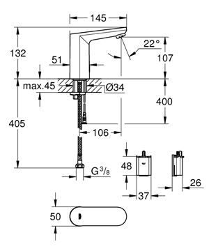 GROHE EUROSMART COSMOPOLITAN E umyvadlová senzorová baterie, napájení z baterie, Water Saving, chrom 36330002 Technický nákres