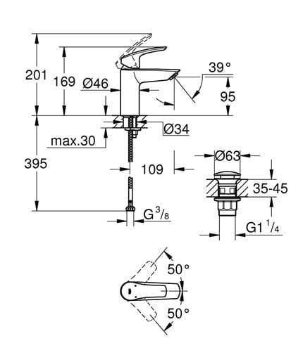 GROHE EUROSMART umyvadlová stojánková baterie, s odtokovou soupravou, Water Saving, matná černá 239222433 Technický nákres
