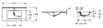 JIKA NOBU umyvadlo 81,5 cm, s otvorem pro baterii a přepadem H8125120001041 Technický nákres