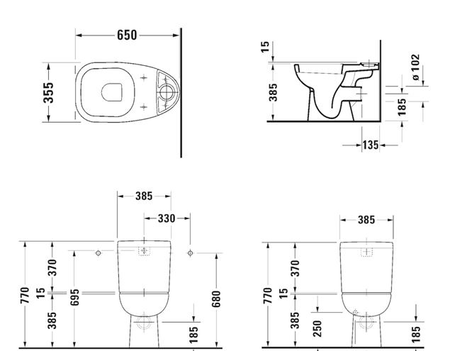 DURAVIT D-CODE WC kombi mísa, zadní odpad 21110900002 Technický nákres
