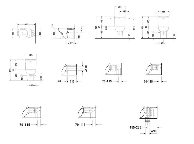 DURAVIT D-CODE WC kombi mísa, vario odpad 21180900002 Technický nákres