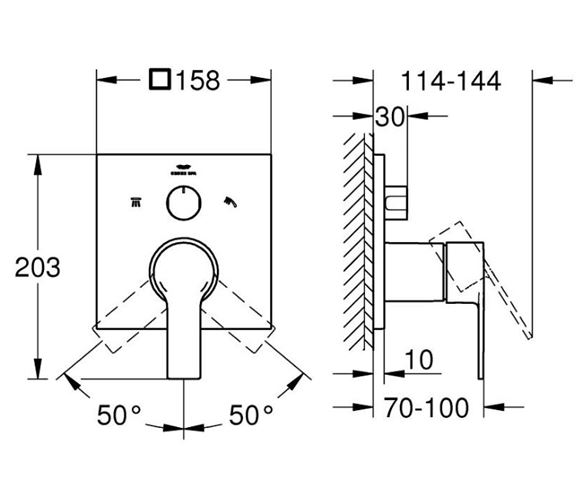 GROHE ALLURE sprchová podomítková baterie, pro 3 spotřebiče, kartáčovaný warm sunset 29176DL1 Technický nákres