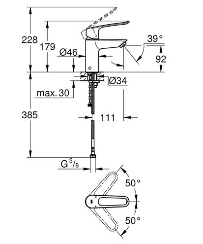 GROHE EUROSMART umyvadlová stojánková baterie, Water Saving, chrom 23986003 Technický nákres
