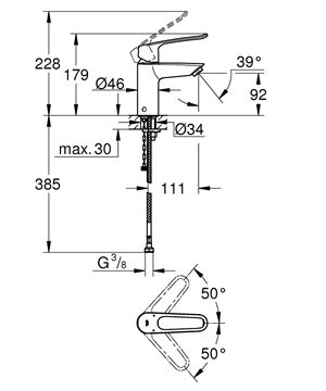GROHE EUROSMART umyvadlová stojánková baterie, Water Saving, chrom 23986003 Technický nákres