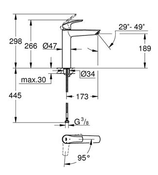 GROHE EUROSMART umyvadlová stojánková baterie, Water Saving, CoolStart, chrom 24164003 Technický nákres