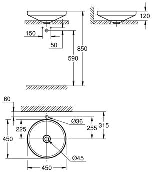 GROHE AIRIO umyvadlová mísa 45 cm, bez přepadu, PureGuard, alpská bílá 3995800H Technický nákres