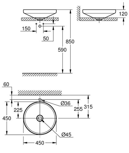 GROHE AIRIO umyvadlová mísa 45 cm, bez přepadu, PureGuard, alpská bílá 3995800H Technický nákres