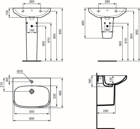 IDEAL STANDARD I.LIFE A umyvadlo 60 cm, s otvorem pro baterii a přepadem T470501 Technický nákres