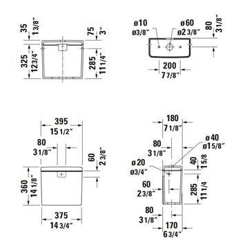 DURAVIT D-NEO WC kombi nádržka, boční přívod vody, Dual-Flush 0944000005 Technický nákres