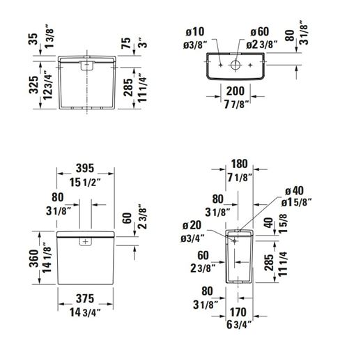 DURAVIT D-NEO WC kombi nádržka, boční přívod vody, Dual-Flush 0944000085 Technický nákres