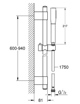 GROHE GRANDERA STICK sprchová souprava 3-dílná, ruční sprcha 217 mm, tyč, hadice, Water Saving, chrom 26853000 Technický nákres
