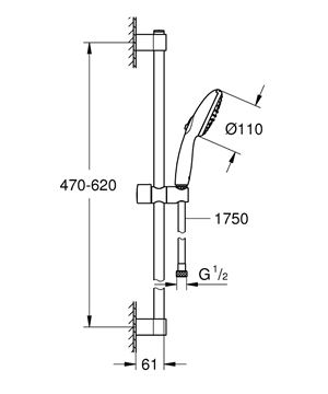GROHE TEMPESTA 110 sprchová souprava 3-dílná, ruční sprcha pr. 110 mm, tyč, hadice, Water Saving, matná černá 261622433 Technický nákres