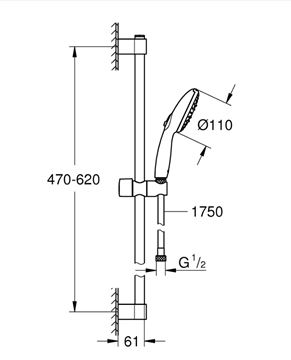 GROHE TEMPESTA 110 sprchová souprava 3-dílná, ruční sprcha pr. 110 mm, 3 proudy, tyč, hadice, chrom 27794003 Technický nákres