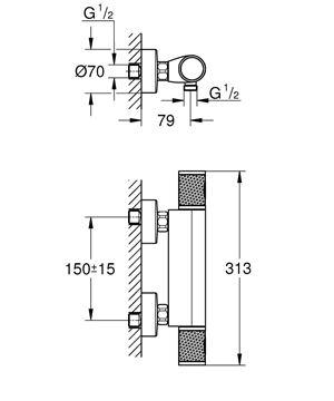 GROHE GROHTHERM 1000 PERFORMANCE sprchová nástěnná termostatická baterie, Water Saving, matná černá 34827KF0 Technický nákres