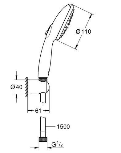 GROHE TEMPESTA 110 sprchová souprava 3-dílná, ruční sprcha pr. 110 mm, 2 proudy, hadice, držák, Water Saving Plus, chrom 2780330E Technický nákres