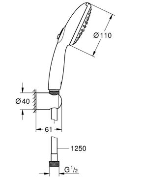 GROHE TEMPESTA 110 sprchová souprava 3-dílná, ruční sprcha pr. 110 mm, 2 proudy, hadice, držák, Water Saving Plus, chrom 2779930E Technický nákres