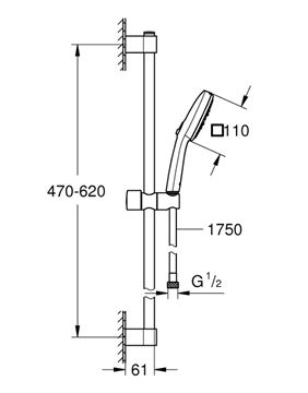 GROHE TEMPESTA CUBE 110 sprchová souprava 3-dílná, ruční sprcha 110x110 mm, 3 proudy, hadice, tyč, chrom 27786003 Technický nákres