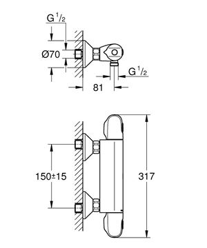 GROHE GROHTHERM 1000 sprchová nástěnná termostatická baterie, Water Saving, matná černá 348142433 Technický nákres