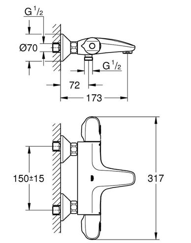 GROHE GROHTHERM 1000 vanová nástěnná termostatická baterie, s přepínačem, Water Saving, matná černá 348162433 Technický nákres