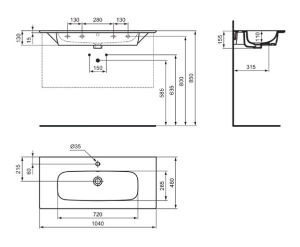 IDEAL STANDARD I.LIFE A umyvadlo 104 cm, s otvorem pro baterii a přepadem T462101 Technický nákres