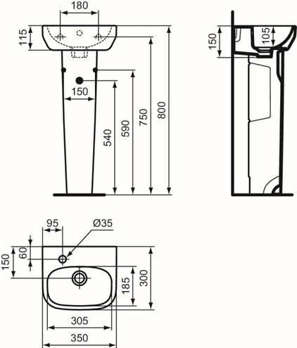 IDEAL STANDARD I.LIFE A umývátko 35 cm, s otvorem vlevo pro baterii a přepadem T470901 Technický nákres