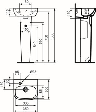 IDEAL STANDARD I.LIFE A umývátko 35 cm, s otvorem vlevo pro baterii a přepadem T470901 Technický nákres