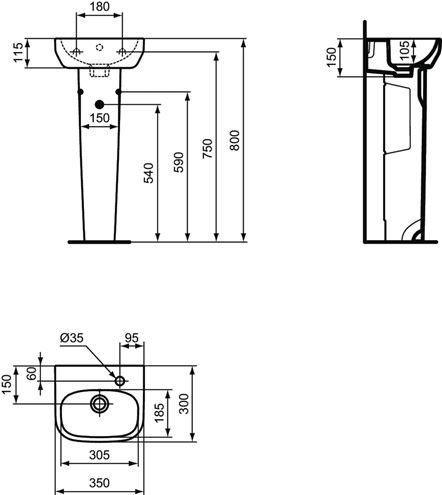 IDEAL STANDARD I.LIFE A umývátko 35 cm, s otvorem vpravo pro baterii a přepadem T471001 Technický nákres